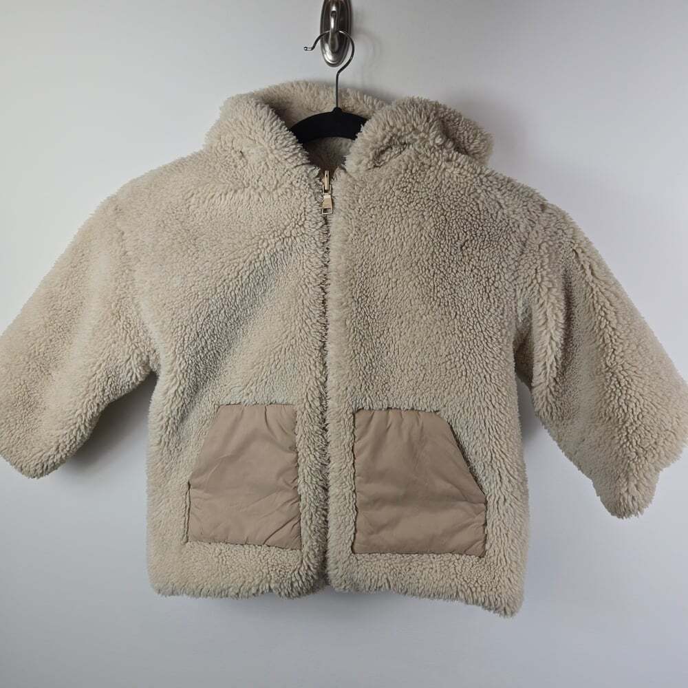 Zara Kids Cream Teddy Reversible Hooded Jacket with Tan Pockets 4-5 Y